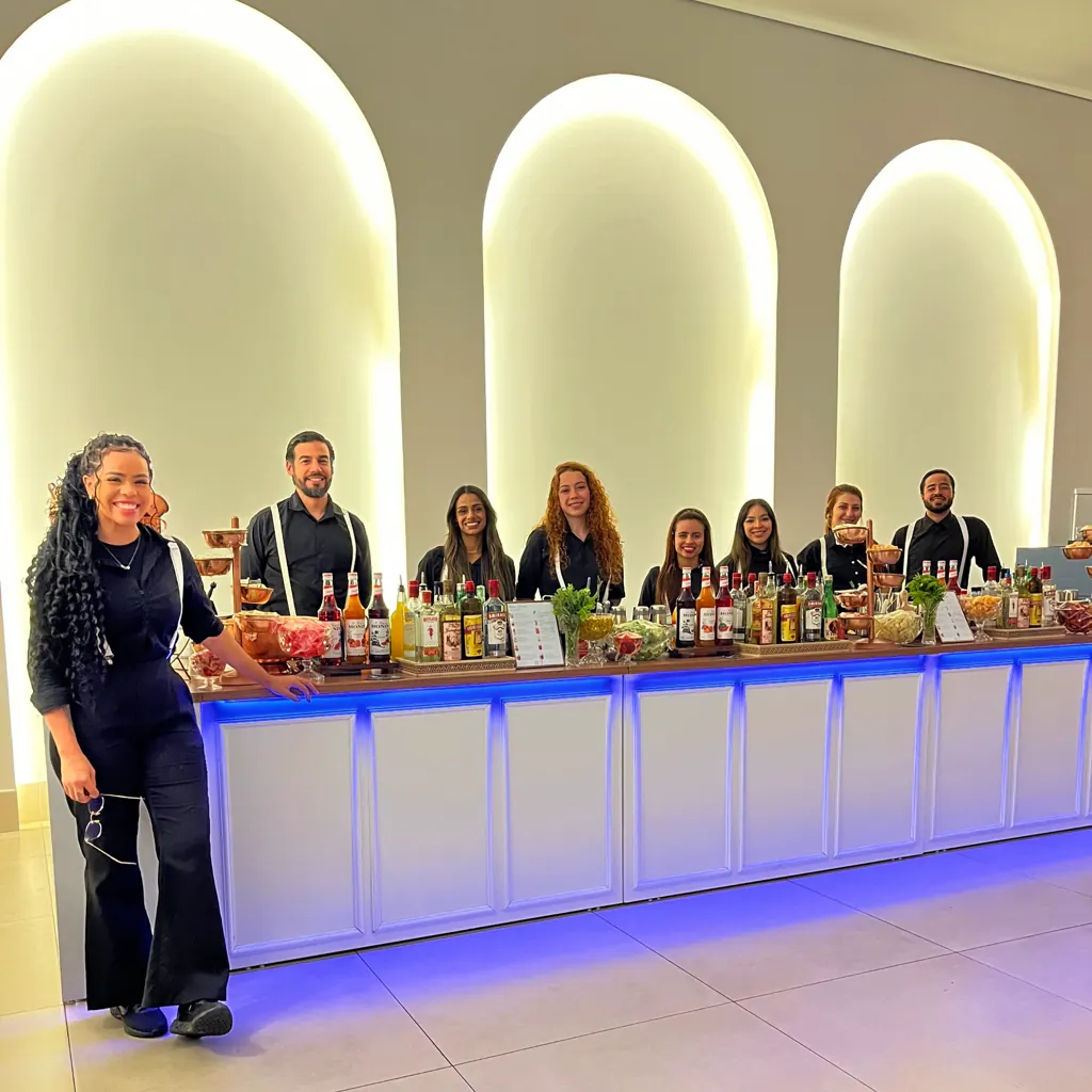 Equipe da Chapa Drinks em mesa boiserie para evento corporativo