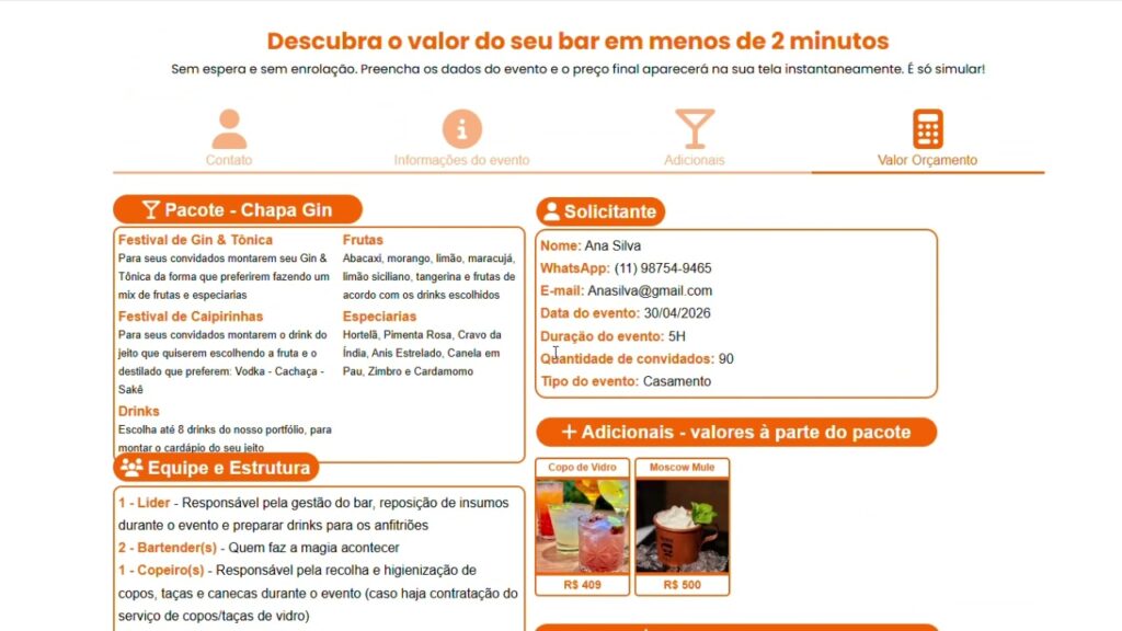 Tela de orçamento da Chapa Drinks para simular bar de drinks para festa